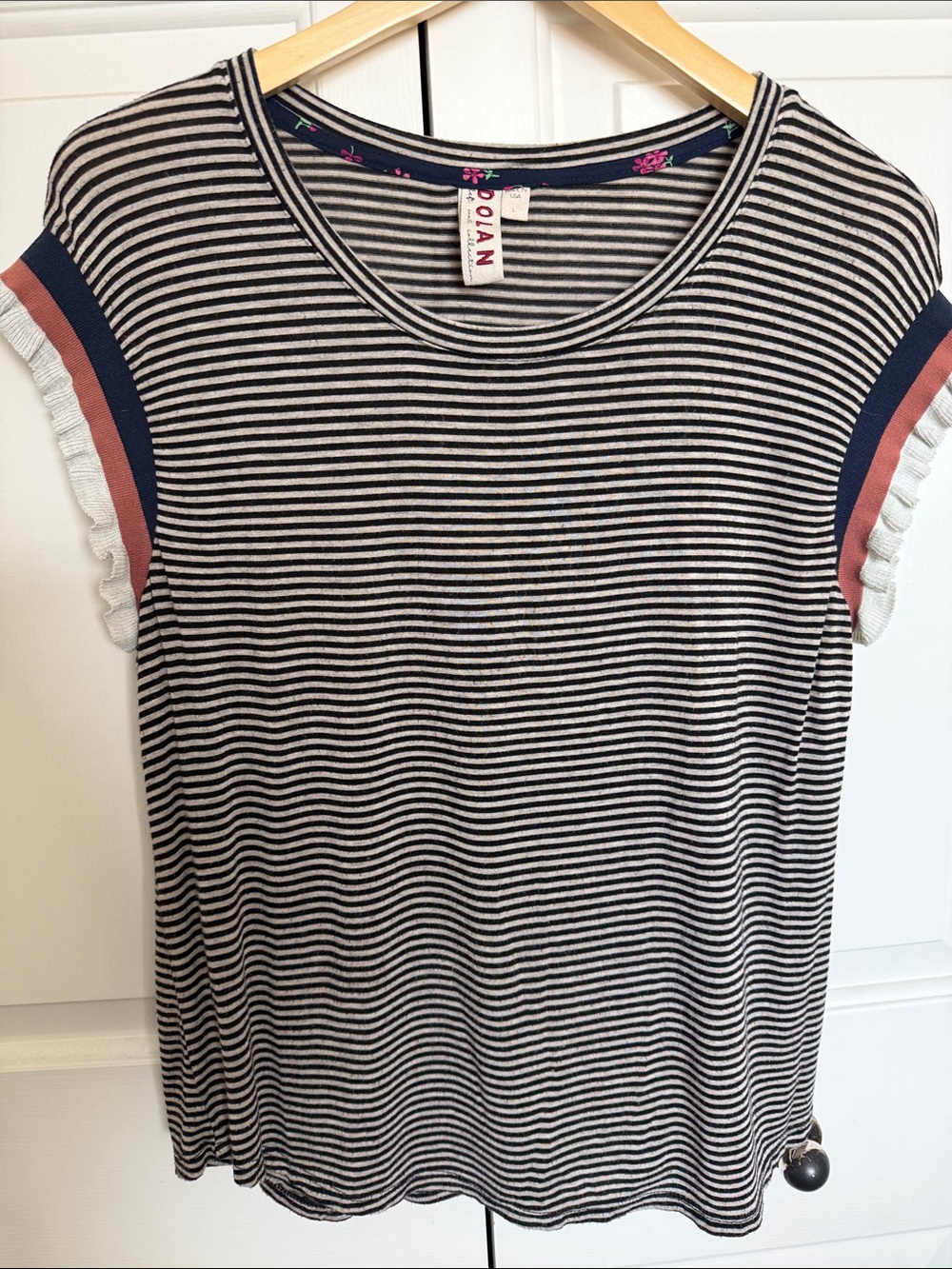 Anthropologie Dolan Navy and White Striped Short Sleeve Tee with Pink Trim